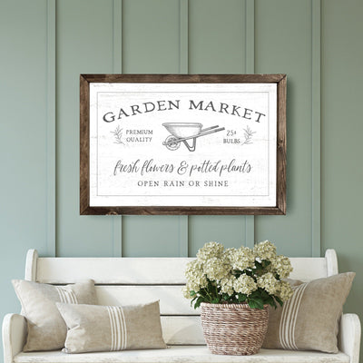 Garden Market Farmhouse Wall Art 20X16 / White Sign Walnut Wood Framed Sign