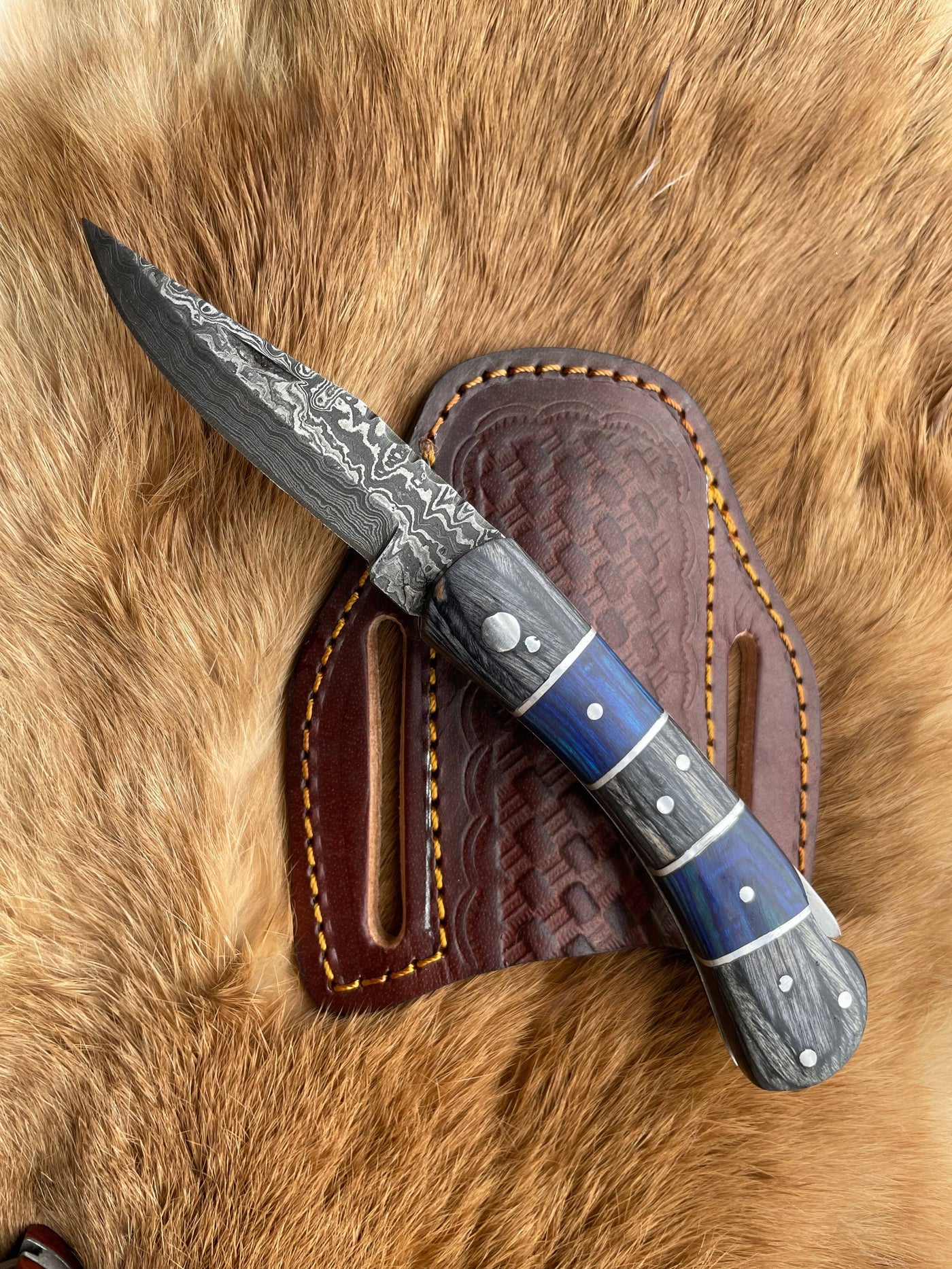 Hand Carved Wood Stained & Blue Damascus Steel Pocket Knife