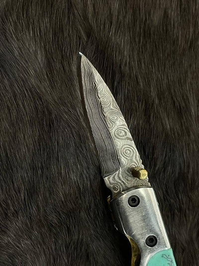 Turquoise Damascus Steel Pocket Knife