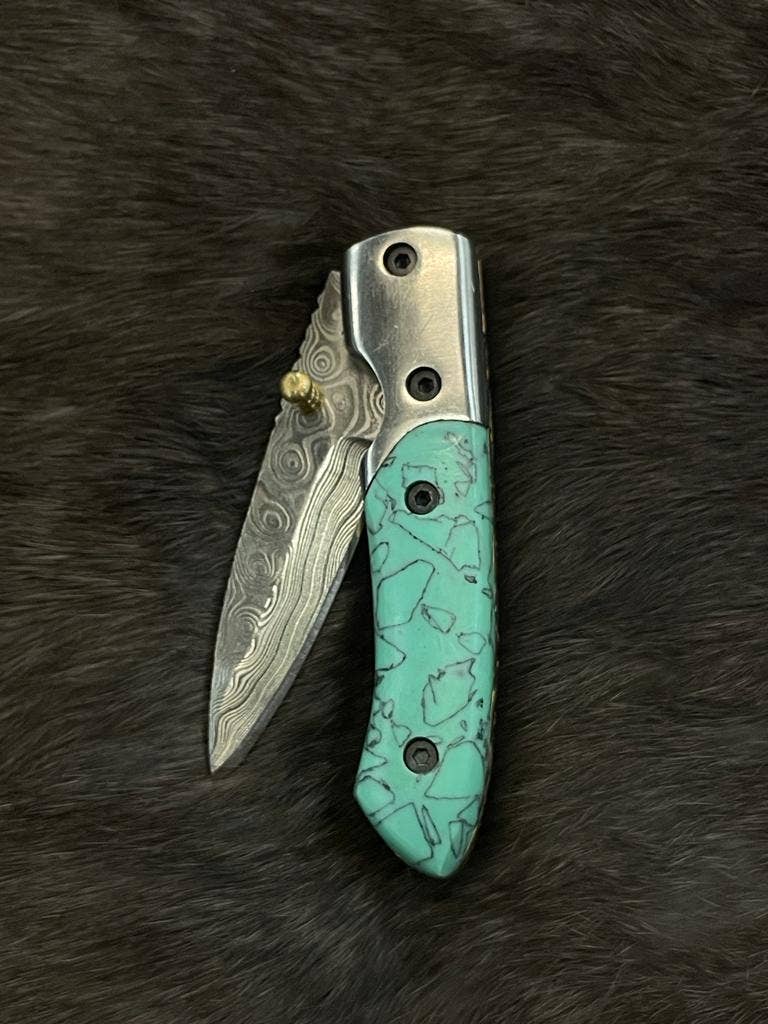 Turquoise Damascus Steel Pocket Knife