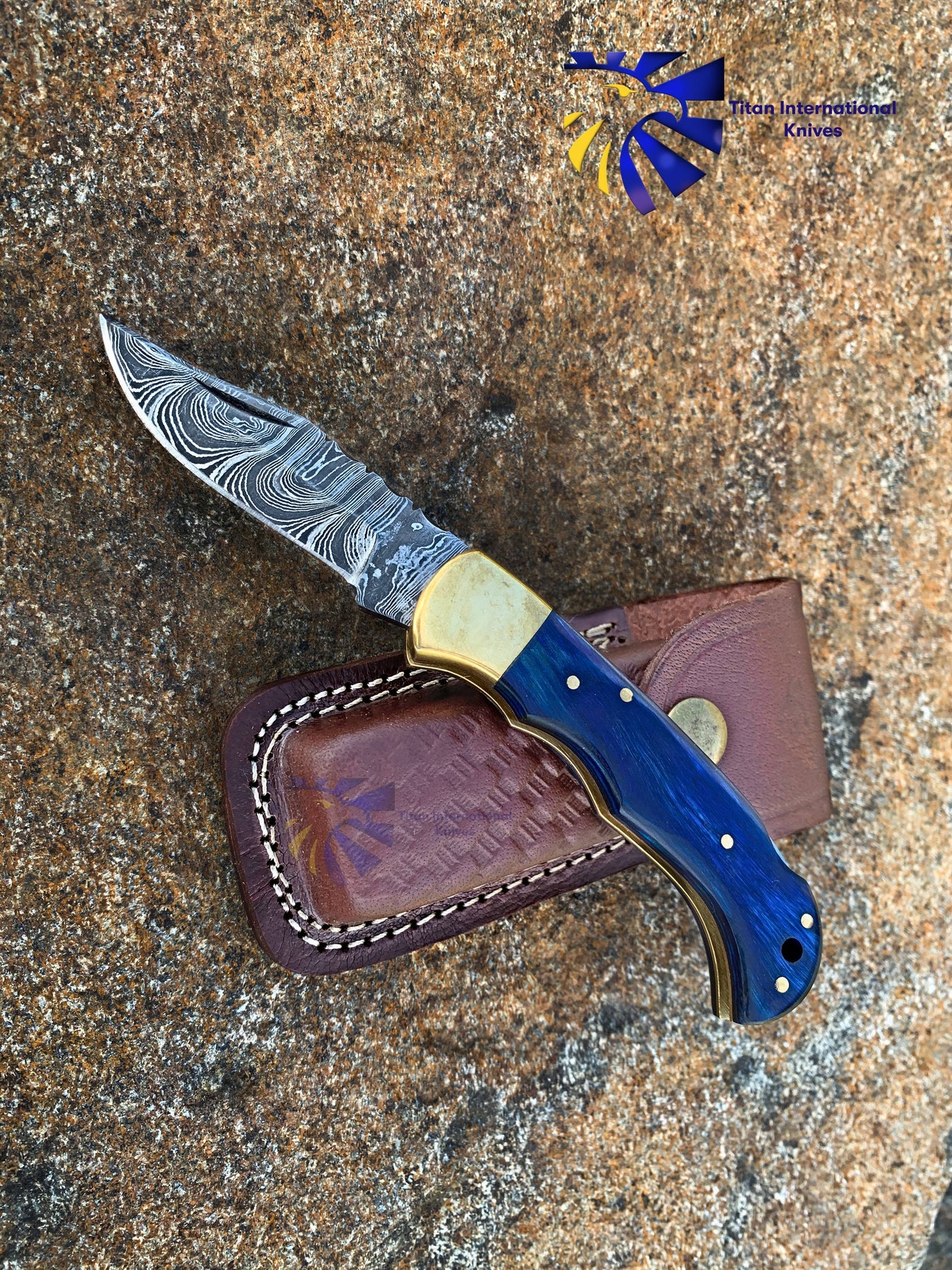 Blue Diamond Wood folding knife with Leather Sheath - Mulberry Market Designs