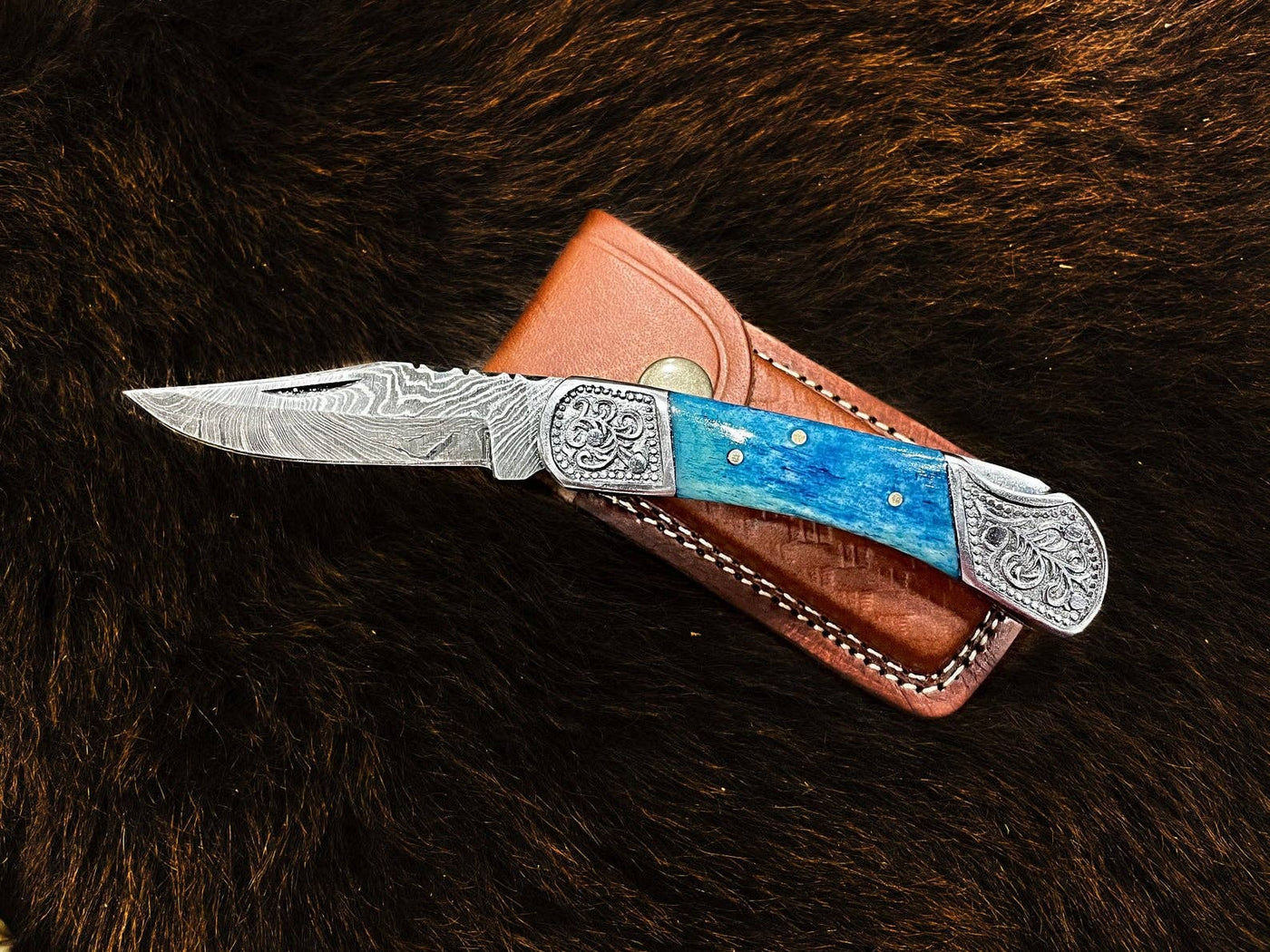 Pocket Knife Dyed Blue Bone 6.5'' Damascus Steel Knife Steel - Mulberry Market Designs