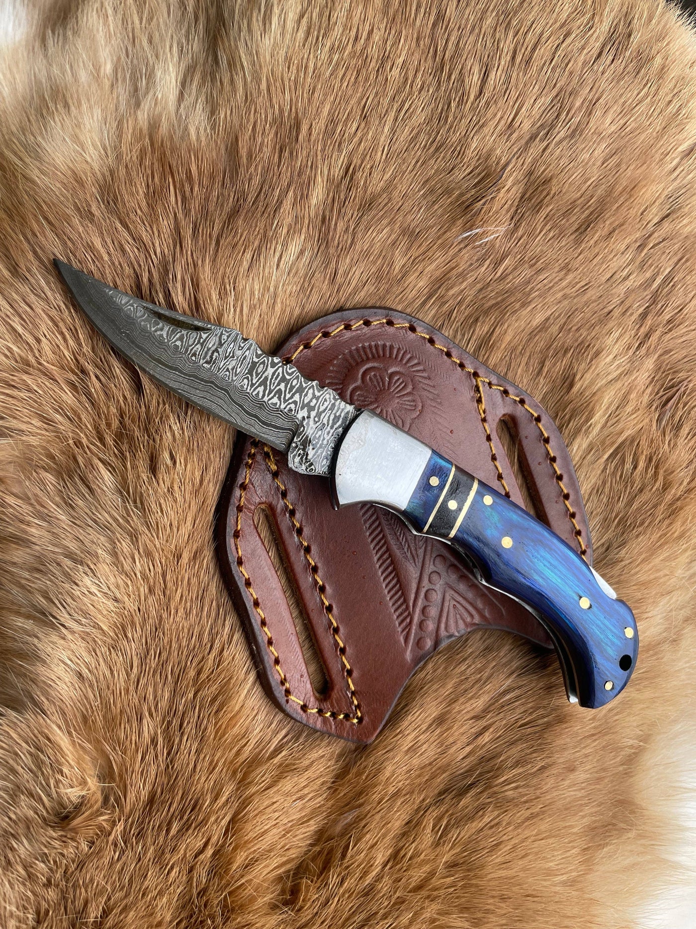 POCKET KNIFE BLUE DIAMOND WOOD 6.5'' DAMASCUS STEEL KNIFE ST - Mulberry Market Designs