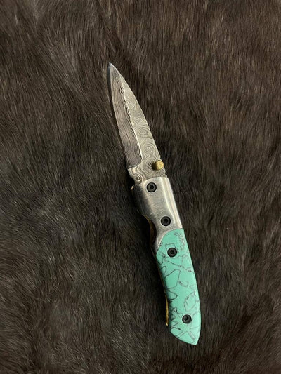 Turquoise Damascus Steel Pocket Knife