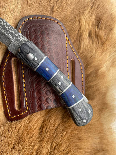 Hand Carved Wood Stained & Blue Damascus Steel Pocket Knife