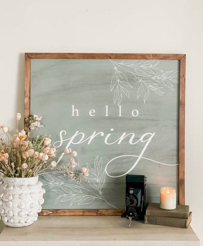 Green Hello Spring | Wood Farmhouse Sign