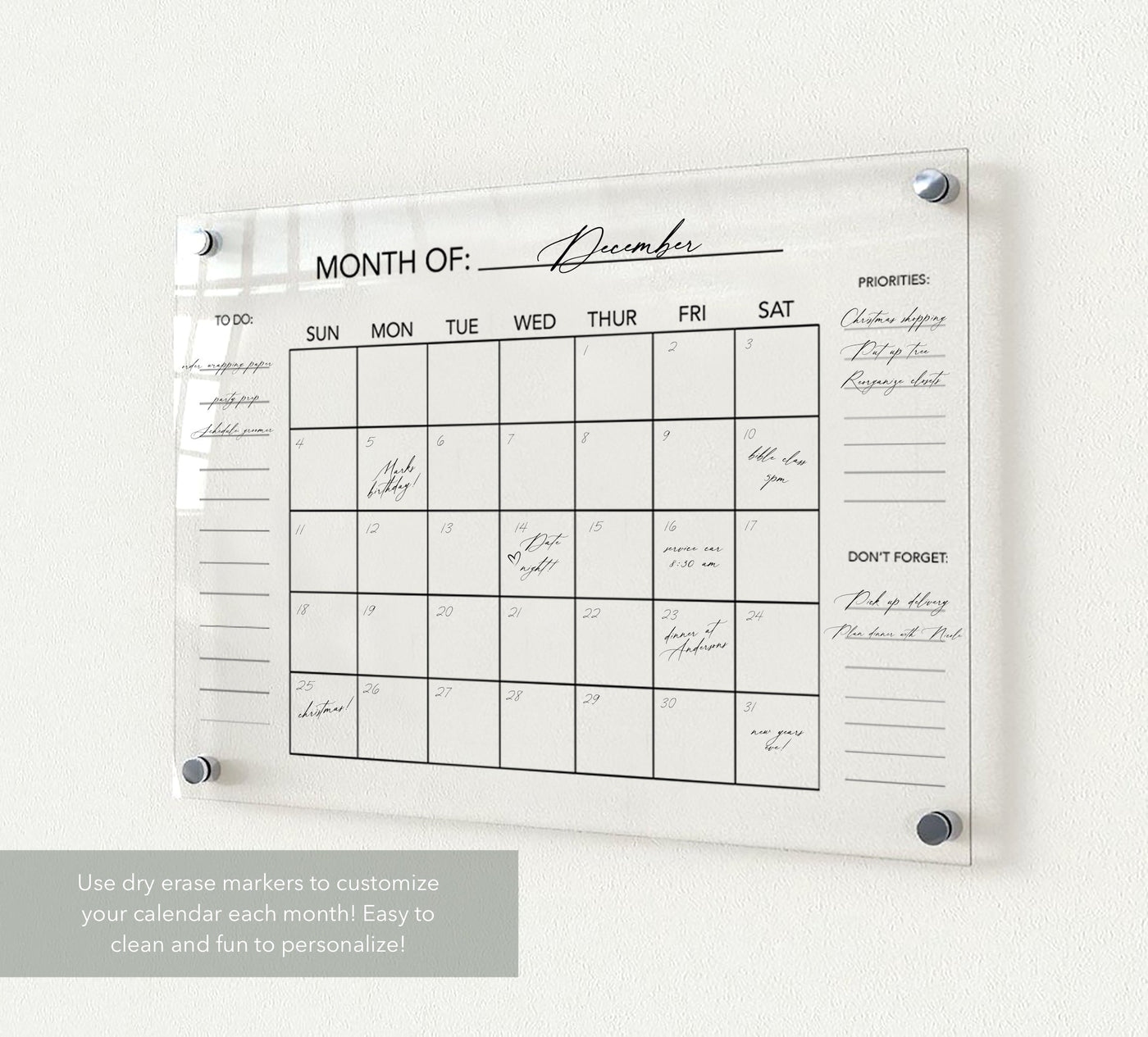 Acrylic Wall Calendar with Stand Offs - Mulberry Market Designs