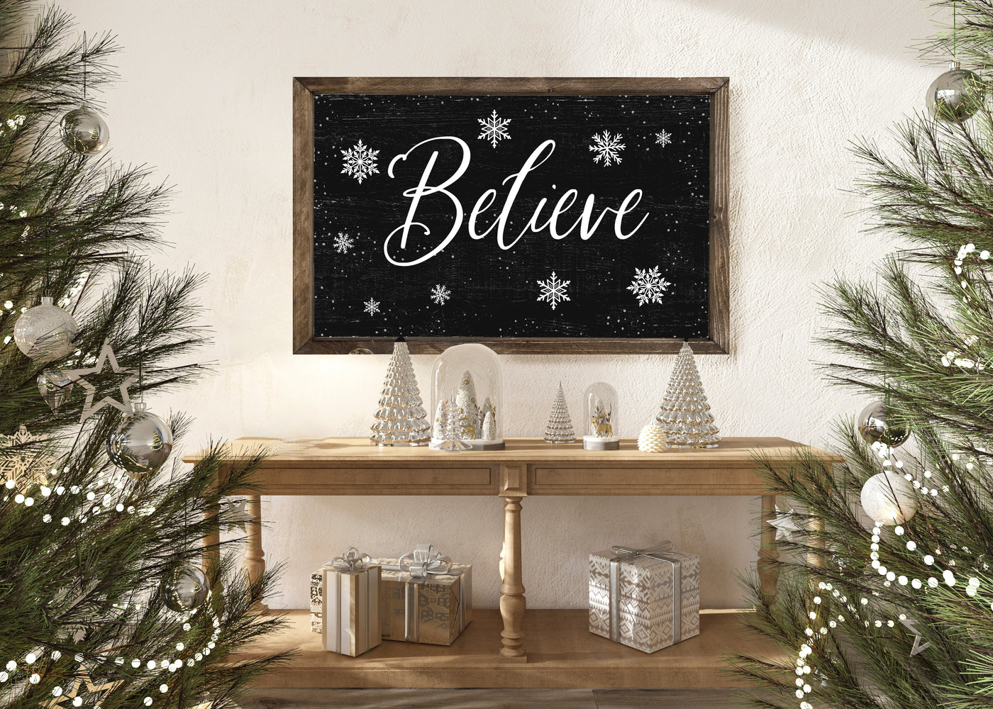 Believe Snowflake Farmhouse Christmas Sign Wood Framed Sign