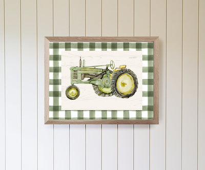 Green Gingham Tractor Kids Wall Art - Mulberry Market Designs