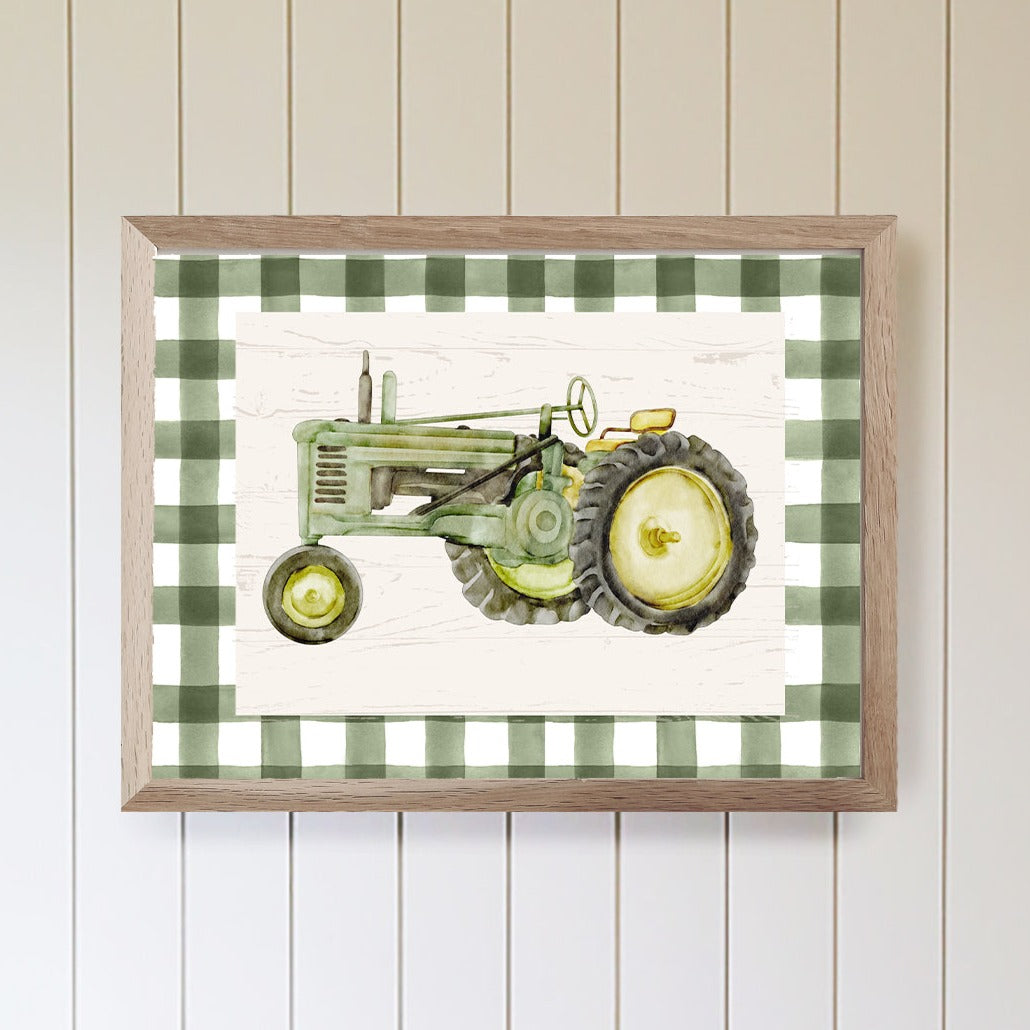 Green Gingham Tractor Kids Wall Art - Mulberry Market Designs