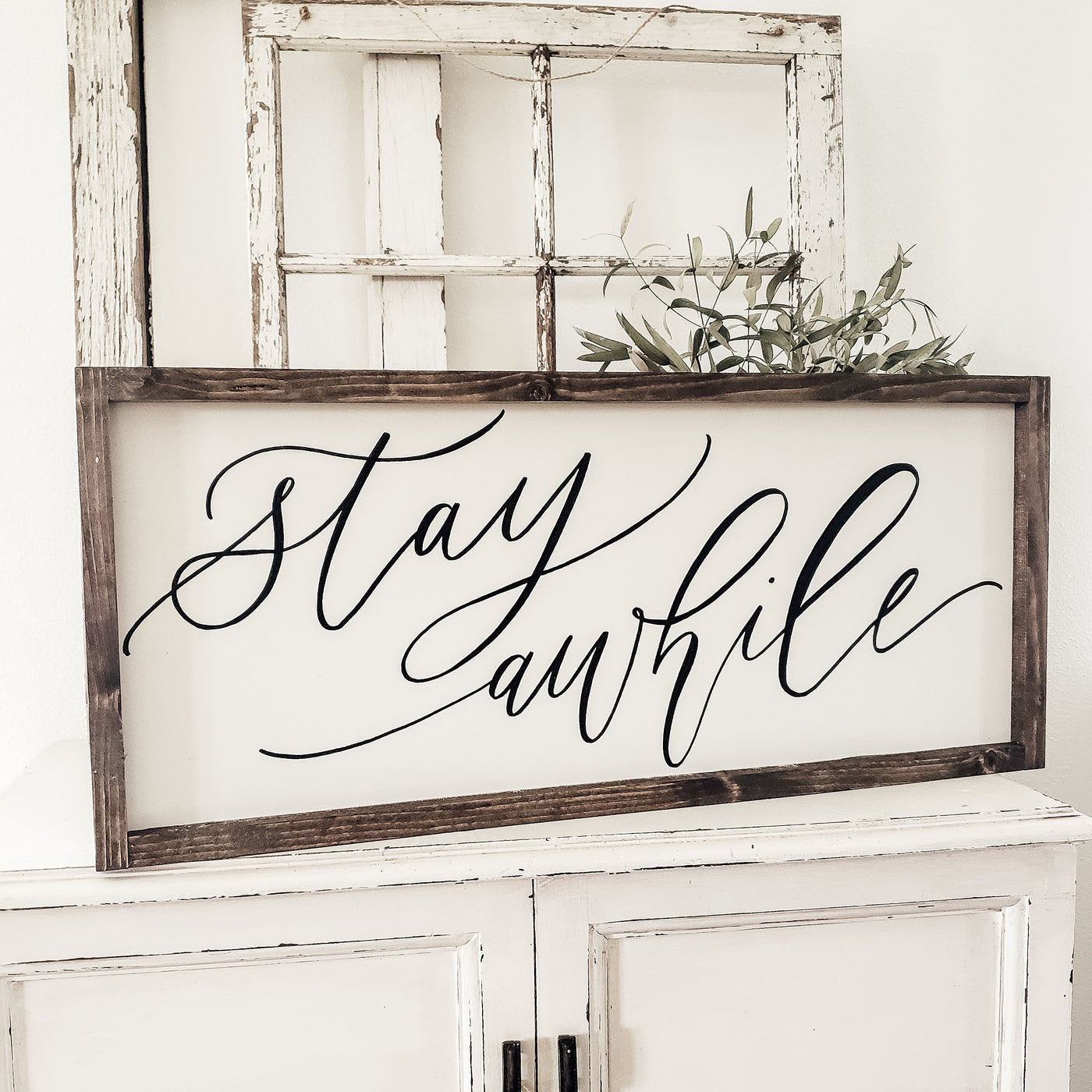 Calligraphy Stay Awhile | Wood Framed Sign - Mulberry Market Designs