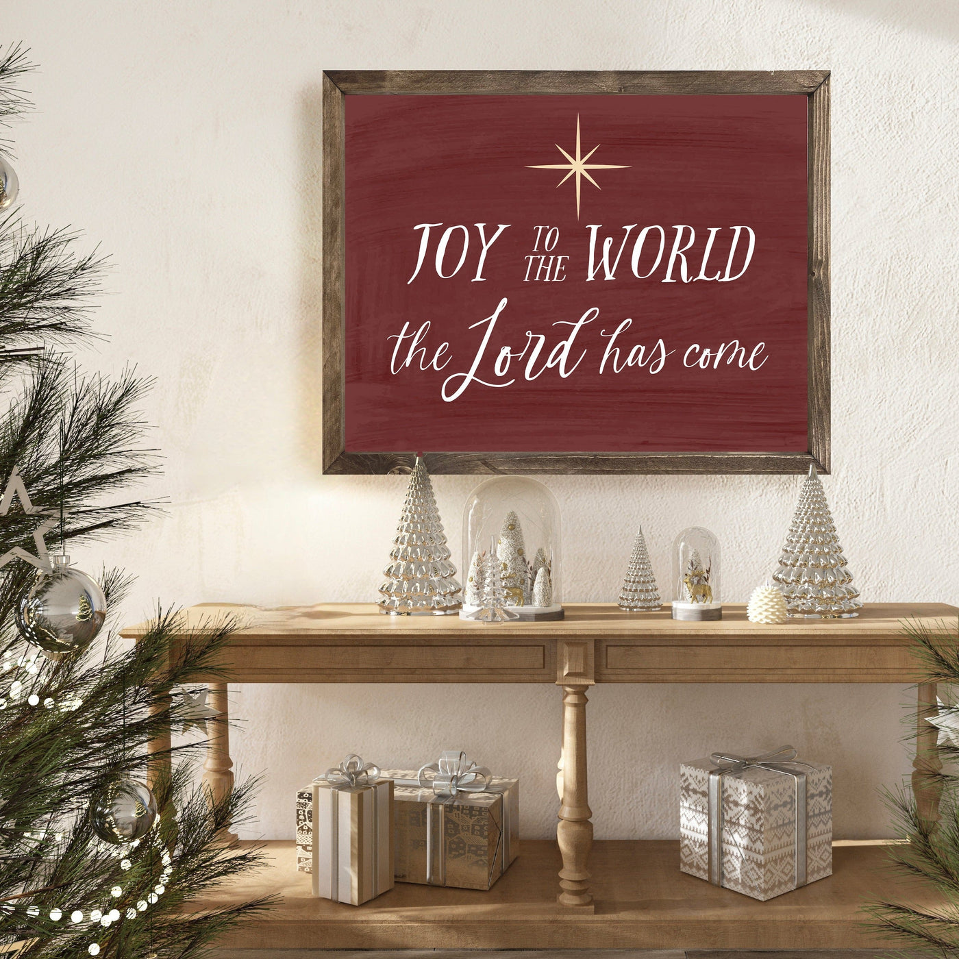 Joy To The World Lord Has Come Christmas Sign 20X16 / Walnut Frame Red Wood Framed Sign