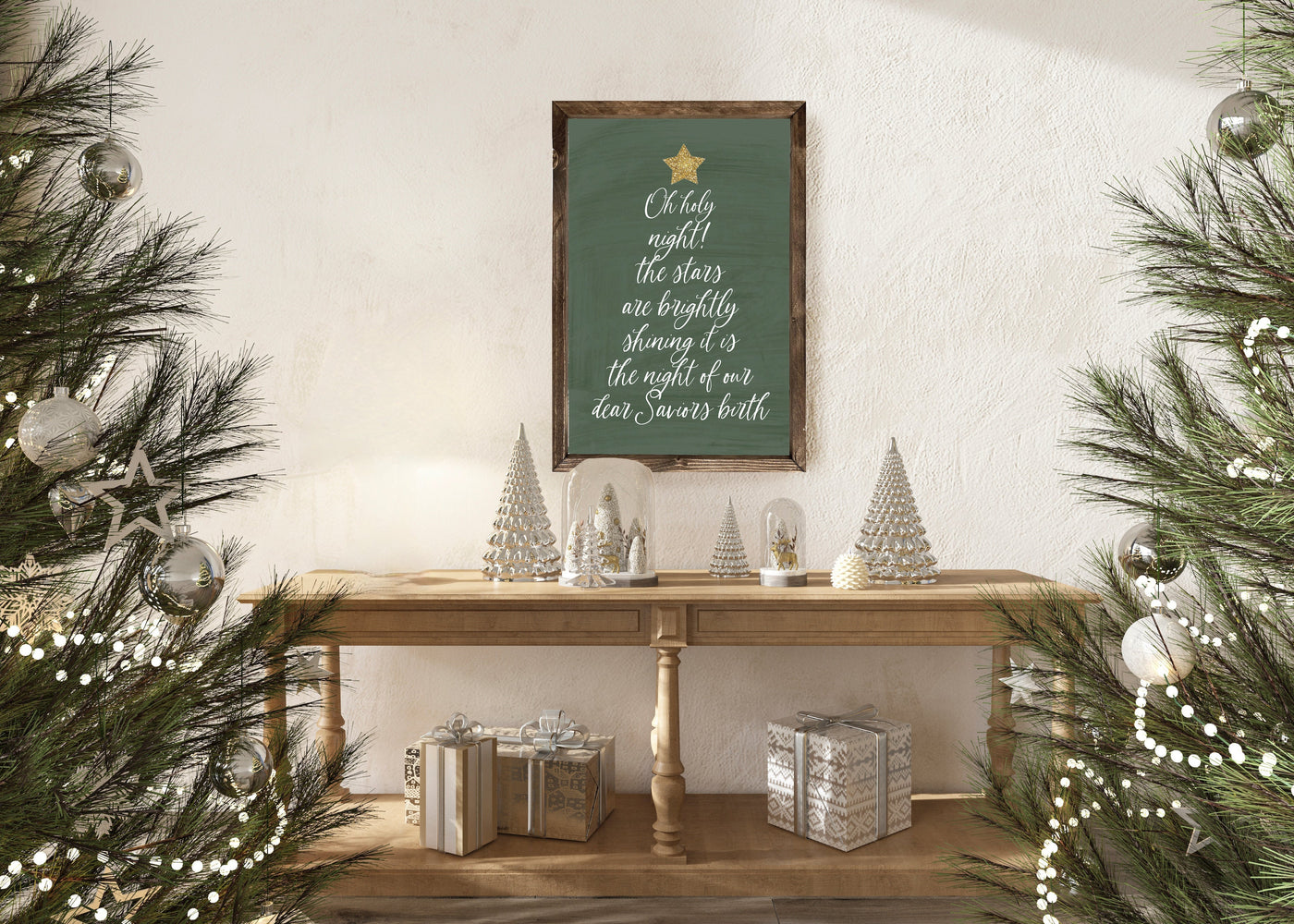 Green Oh Holy Night Christmas Tree Farmhouse Sign - Mulberry Market Designs