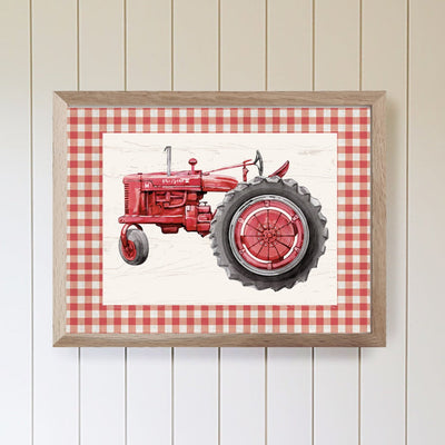 Red Gingham Tractor Kids Wall Art Wood Framed Sign