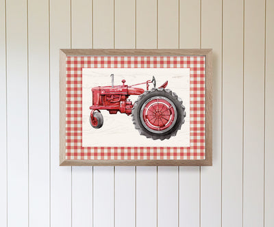 Red Gingham Tractor Kids Wall Art Wood Framed Sign