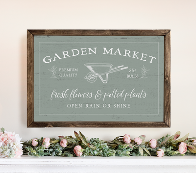 Garden Market Farmhouse Wall Art 20X16 / Green Sign Walnut Wood Framed Sign