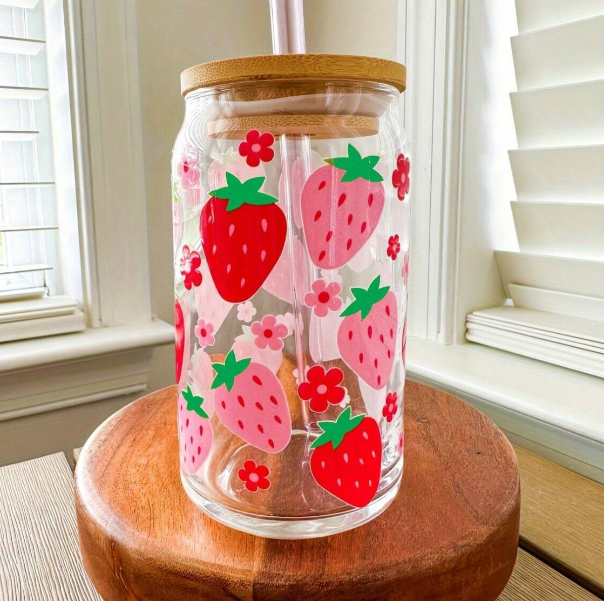 Pink & Red Strawberry Drinking Glass w/ Straw