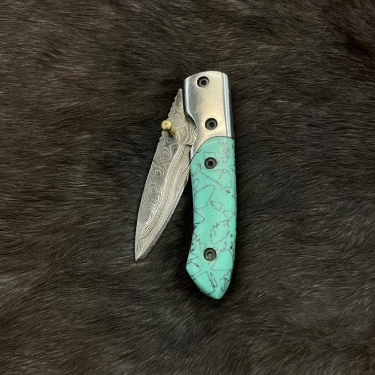 Turquoise Damascus Steel Pocket Knife