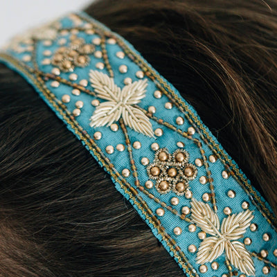 Shimmery Blue Floral Beaded Headband