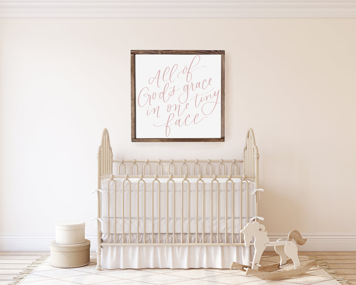 Nursery Sign | All Of God's Grace In One Tiny Face Wood Framed Sign PINK FONT - Mulberry Market Designs