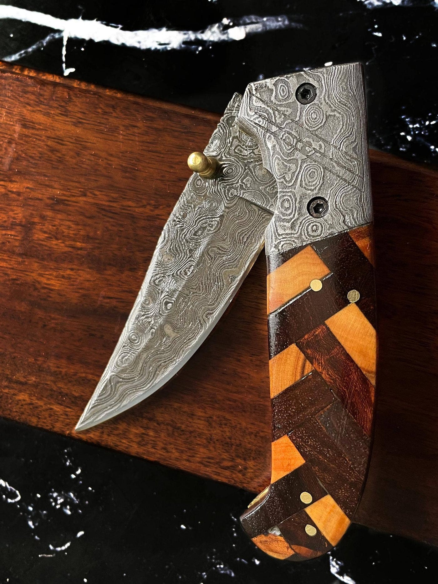 Raindrop Damascus Steel Pocket Utility Knife - Mulberry Market Designs