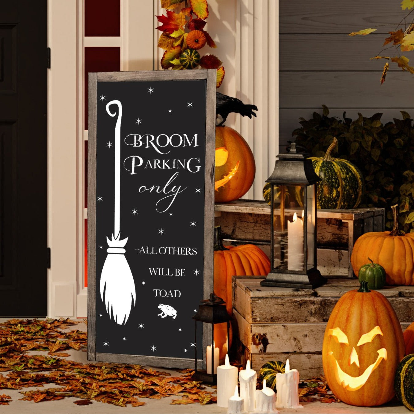 Broom Parking Halloween Sign | Wood Framed Sign - Mulberry Market Designs