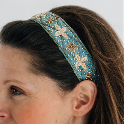 Shimmery Blue Floral Beaded Headband