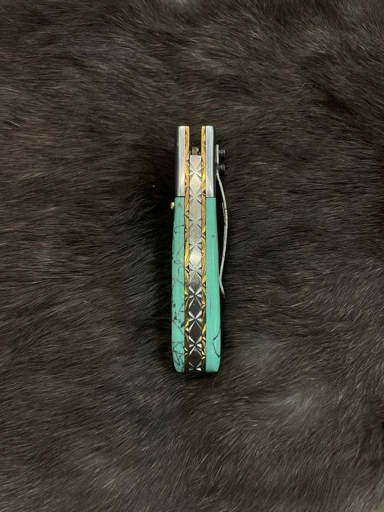 Turquoise Damascus Steel Pocket Knife