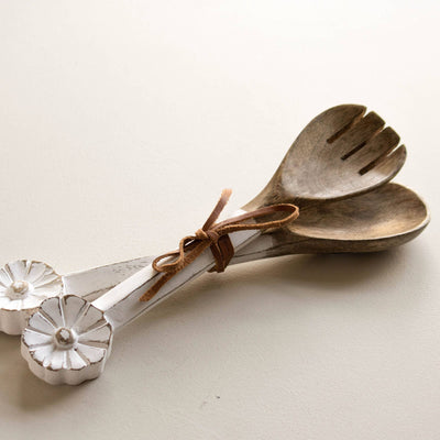 Set of 2 Floral White Wood Serving Utensils - Mulberry Market Designs