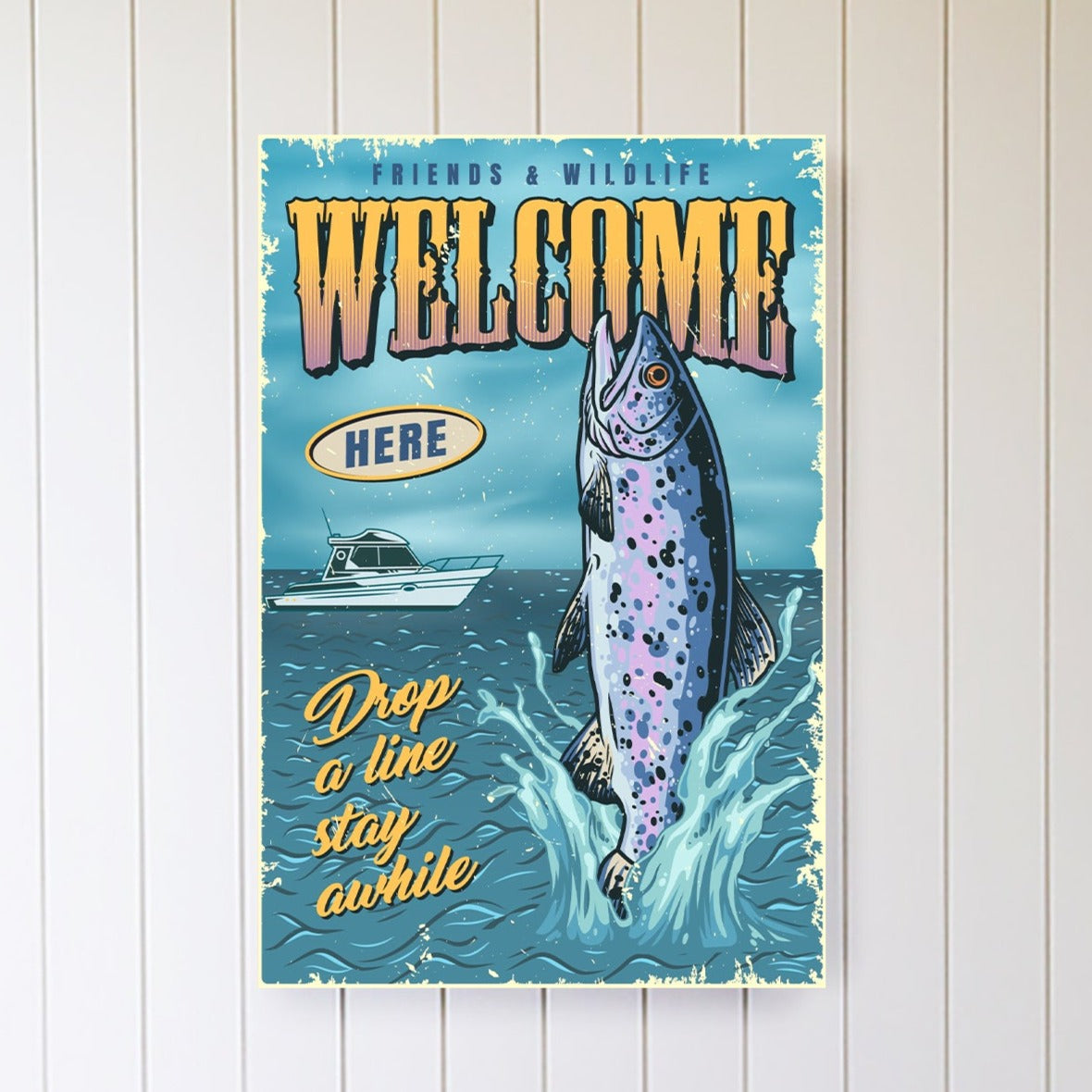 Wildlife Welcome Fishing Metal Sign Wood Framed Sign