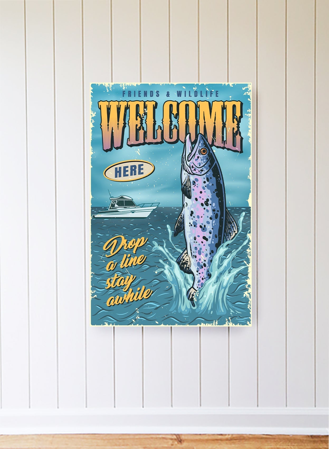 Wildlife Welcome Fishing Metal Sign Wood Framed Sign