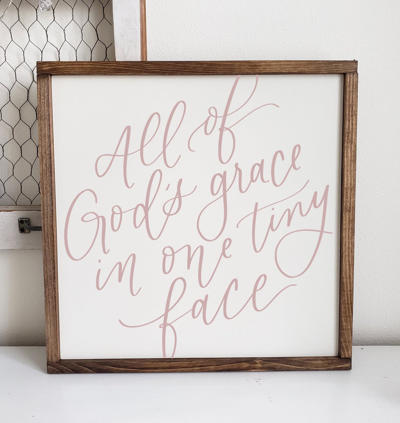 Nursery Sign | All Of God's Grace In One Tiny Face Wood Framed Sign PINK FONT - Mulberry Market Designs