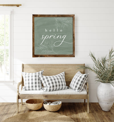 Green Hello Spring | Wood Farmhouse Sign