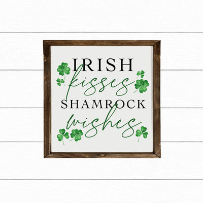 Irish Kisses Shamrock Wishes | St. Patricks Day Sign Wood Framed Sign