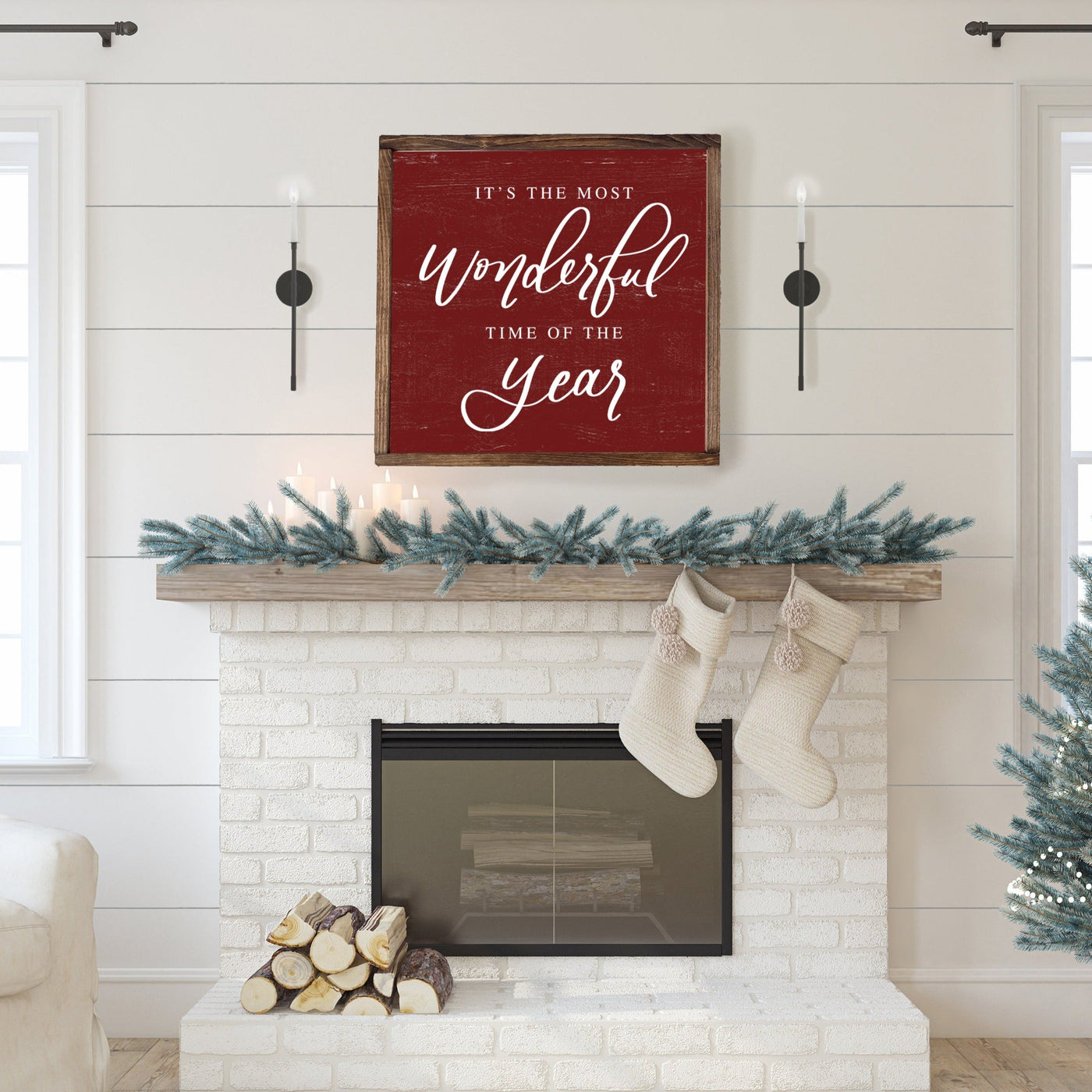 Its The Most Wonderful Time Of Year | Wood Framed Sign 18X18 / Walnut Red Christmas Sign