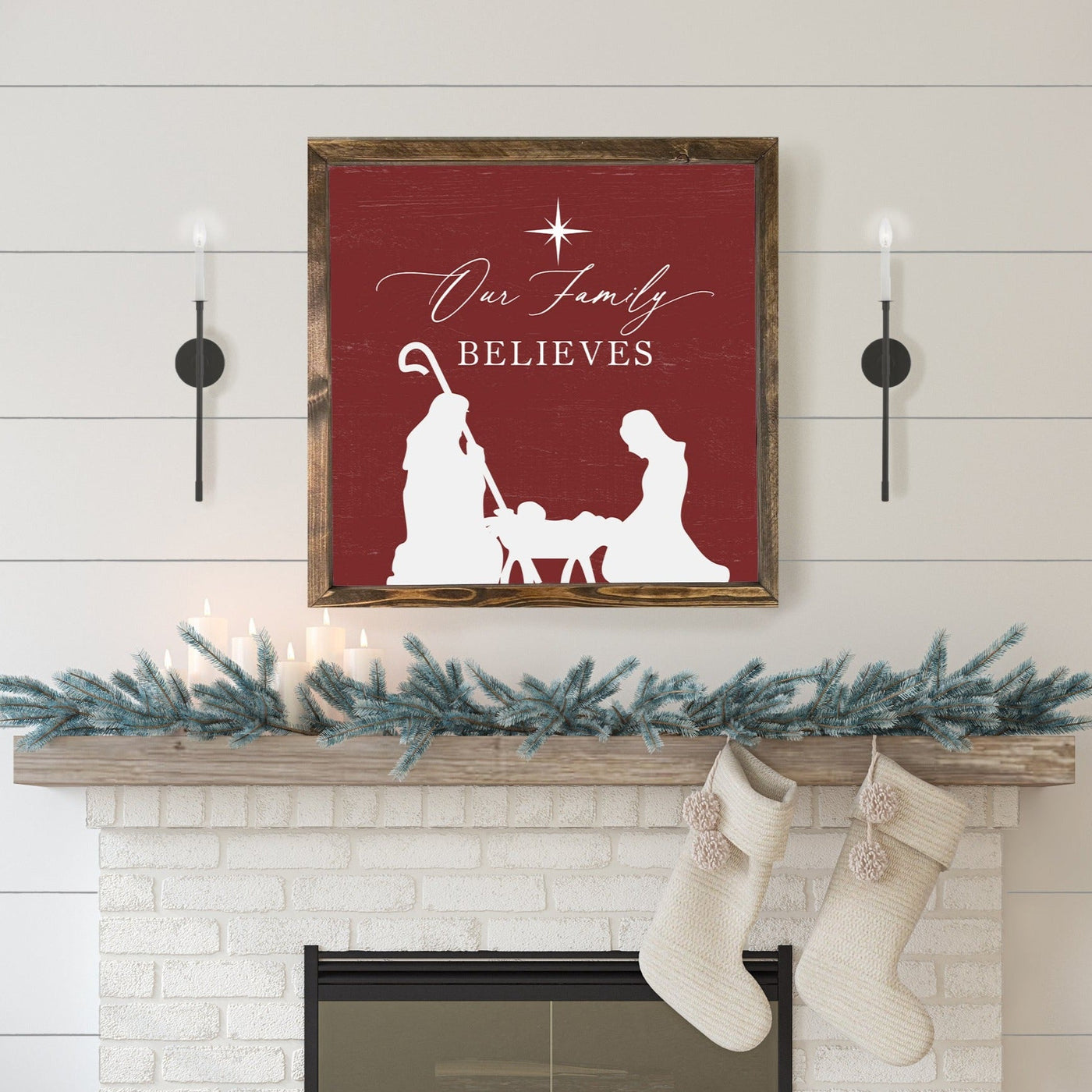 Our Family Believes Nativity Christmas Wood Framed Sign - Mulberry Market Designs