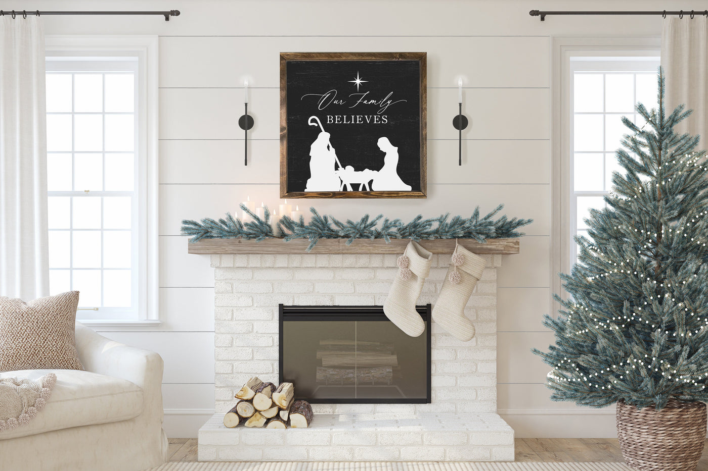 Our Family Believes Nativity Christmas Wood Framed Sign - Mulberry Market Designs