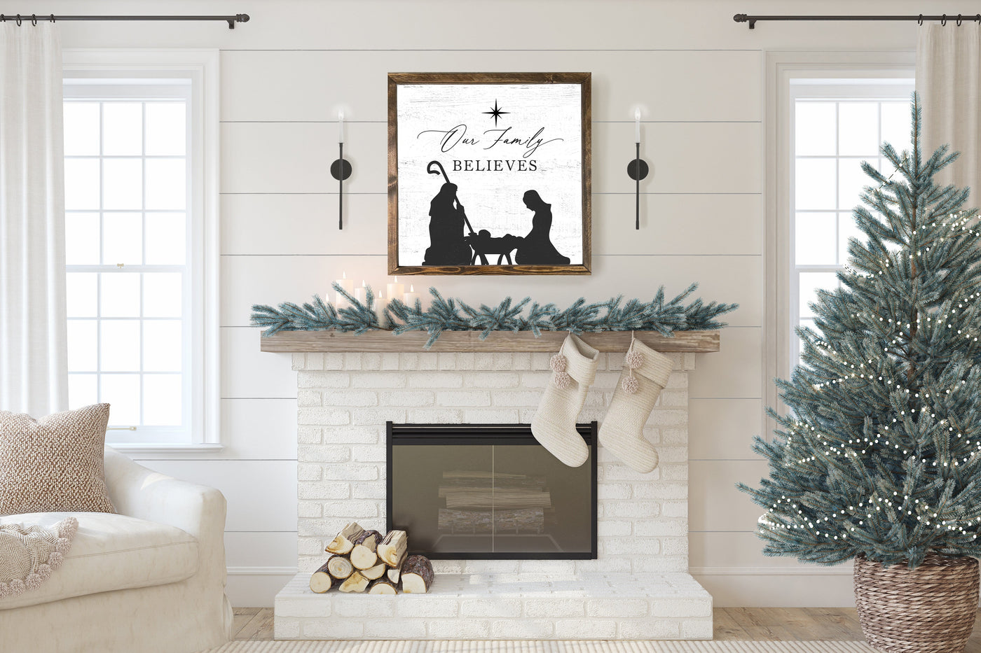 Our Family Believes Nativity Christmas Wood Framed Sign - Mulberry Market Designs