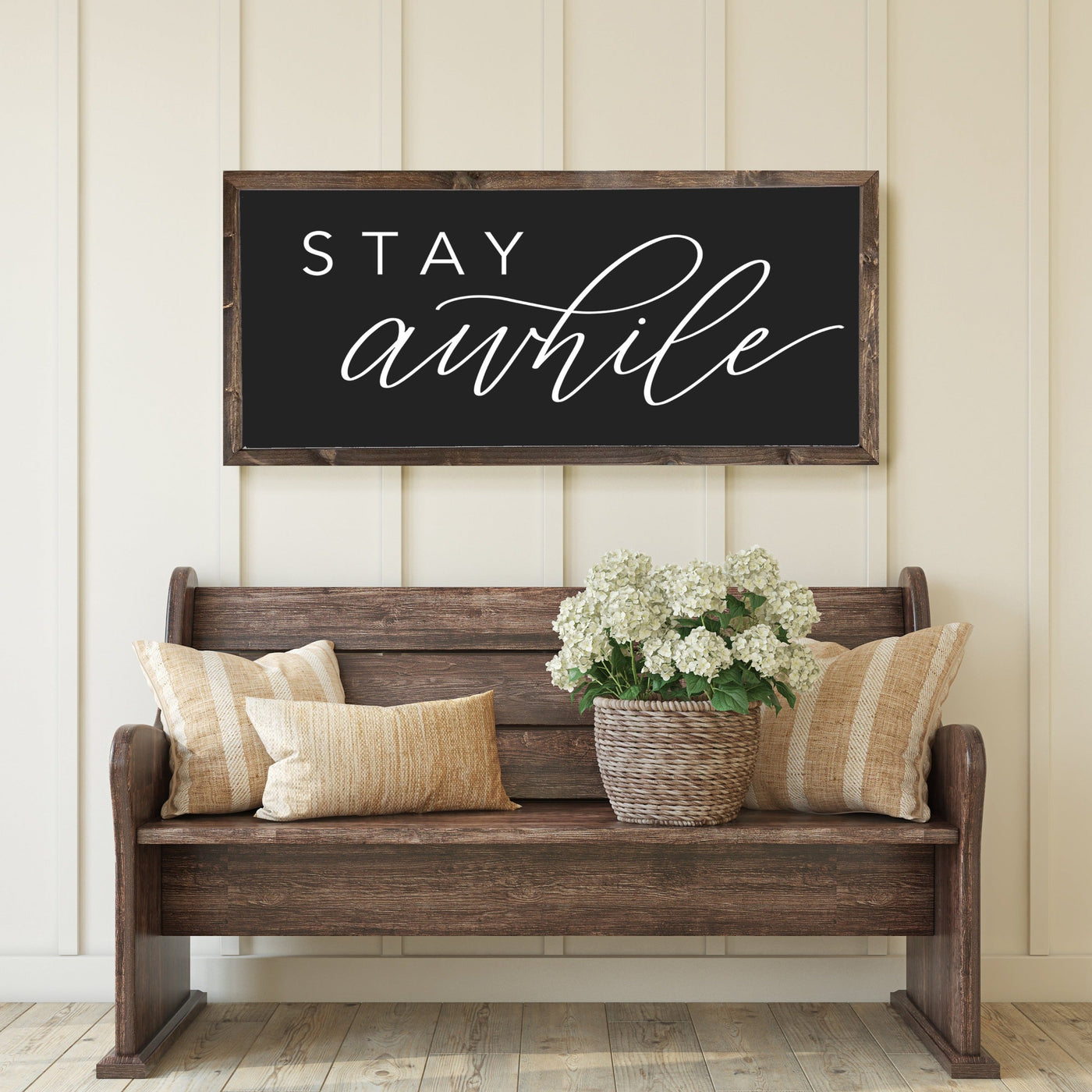 Stay Awhile Wood Framed Wall Sign 20X10 / Walnut Frame Black Wood Framed Sign